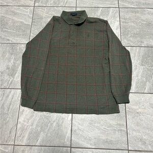 Lands’ End Long Sleeve Polo Shirt Mens XL Green Red Windowpane Grid